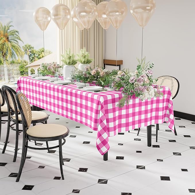 Smiry 8 Packs Gingham Disposable Table Cloth, 54 x 108 Inch Waterproof Plastic Tablecloth, Rectangle Hot Pink and White Checkered Table Covers for Party, Birthday, Picnic, Banquet