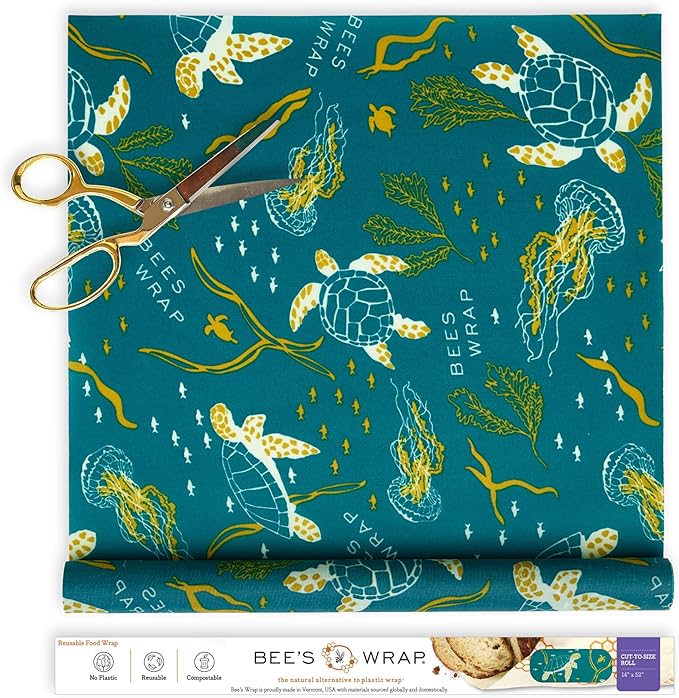 Bee's Wrap Beeswax Wraps for Food - Cut to Size 14x52" Beeswax Wrap Roll - Plastic Free Made in USA Reusable Natural Food Wrap - Ocean