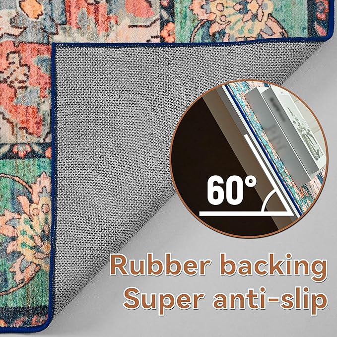 YJ.GWL Area Rugs for Living Room 6x9 Machine Washable Rugs, Non Slip Floral Vintage Rug Indoor Carpet, Stain Resistant Large Rug for Bedroom Dining Room, Red Blue Gradient Color