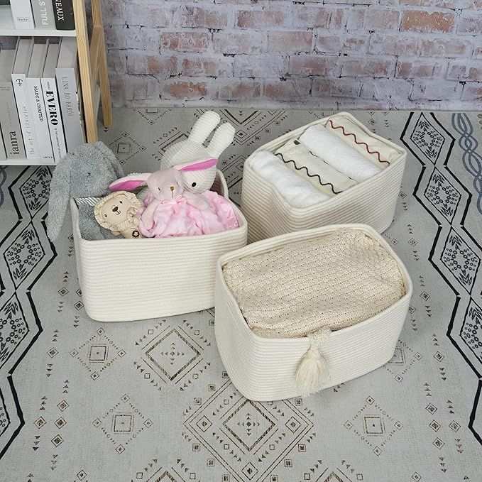 Cotton Rope storage Basket Bins Woven Basket for Organizing Shelves 15X10X9.3" Rectangle Decorative Baskets For storage Clothes Toys Books Towels Nursery basket organizer 3 pack white