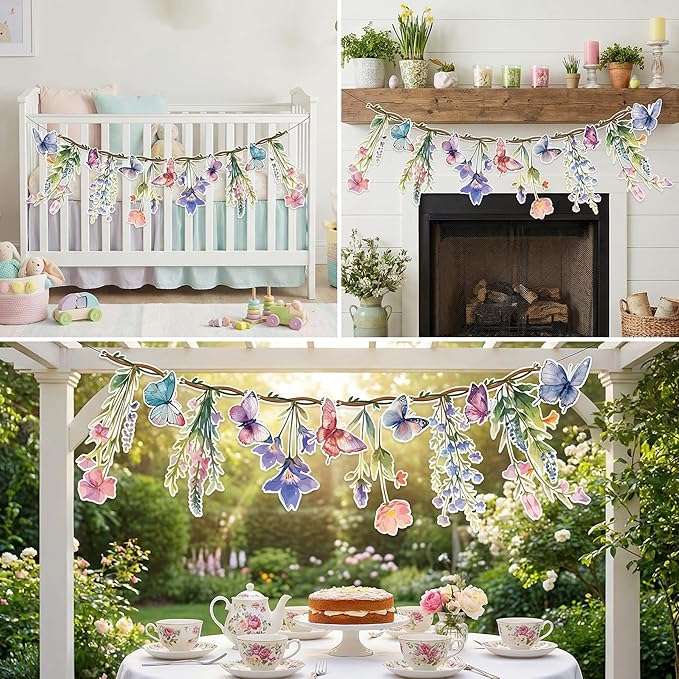 48Pcs Flower Fairy Banner Decorations Floral Designs Wildflower Garland – with 5m Jute Rope, for Baby Shower, Wedding, Easter Backdrop, Enchanted Garden Party Supplies (Butterfly)