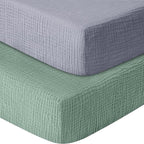 Muslin Crib Sheets for Boys Girls 100% Cotton Fitted Baby Crib Sheet 2 Pack Soft and Breathable for Standard Crib Mattress & Toddler Mattress 52x28in (Gray & Green)