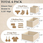 Simple Houseware Underwear Drawer Organizer for Lingerie/Undergarment/Bra/Panty/Sock/Onesie, Set of 6, Beige