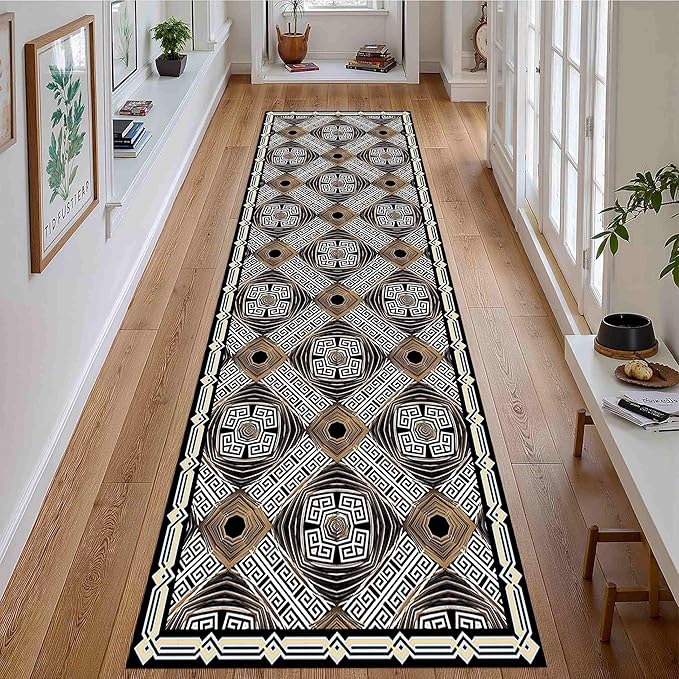 Classic Geometric Runner Rug, 2x10ft, Greek Key Print Runners Rugs, Vintage Moroccan Checkered Carpet, Cozy Short Pile No Crease Farmhouse Rugs for Living Room Laundry