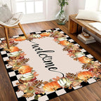 Checkered Area Rugs, 4x6ft, Black and White Check with Fall Leaves Pumpkin Autumn Harvest Carpet, Entrance Rubber Non Slip Breathable Fall Rug for Dining Room Laundry