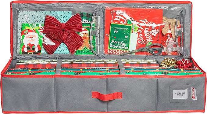 HOLDN' STORAGE Premium Wrapping Paper Storage Container - Durable 600D Tearproof, Fits 27 Rolls Gift Wrap Extra Pockets for Ribbons & Bows Underbed Storage - Ideal for Holiday Christmas, Grey/Red Trim
