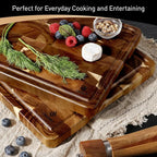 End Grain Cutting Board Set of 2 with Non-slip Feet, Reversible Acacia Wood Cutting Boards for Kitchen with Juice Grooves and Handles Non Toxic Chopping Board Butcher Block Serving Tray Kitchen Gift