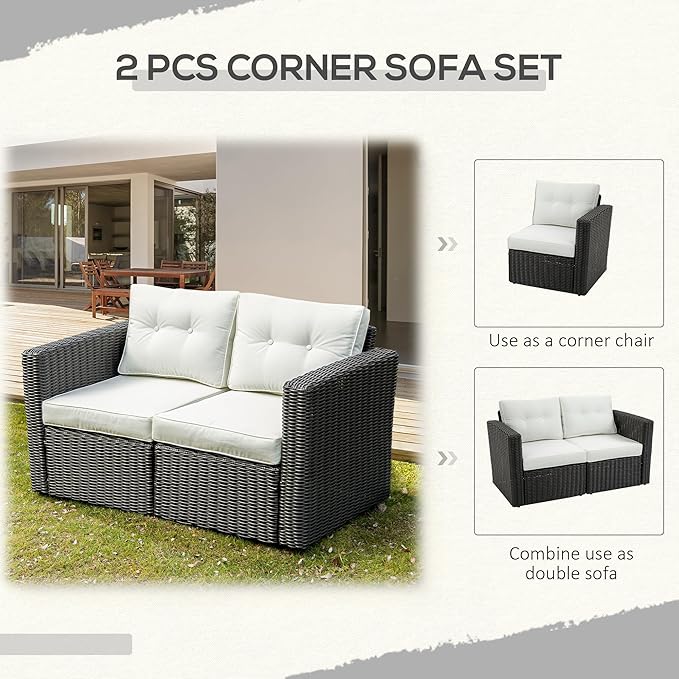 Outsunny 2 Piece Patio Wicker Corner Sofa Set, Outdoor PE Rattan Furniture