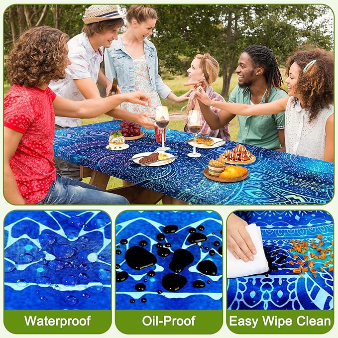 Picnic Table Cover with Bench Covers Portable Table Cloth Built-in Storage Pocket Fitted Tablecloth with Elastic Edges Waterproof Camping Essentials for Indoor Outdoor Rv,96in,Blue Purple