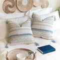 BlissBlush Blue Coastal Decorative Throw Pillow Cover 18X18 Combo Set of 2 Square Boho Accent Pillowcase Tassels Farmhouse Cushion for Couch Sofa Bedroom Living Room Home Décor Cover ONLY