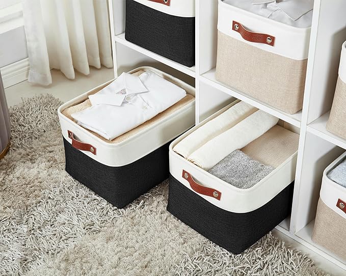 DECOMOMO Storage Bins, Large Fabric Storage Baskets for Shelves, Decorative Linen Closet Organizer, 15 x 11 x 9.5 inches (Black & White, 4 Pack)