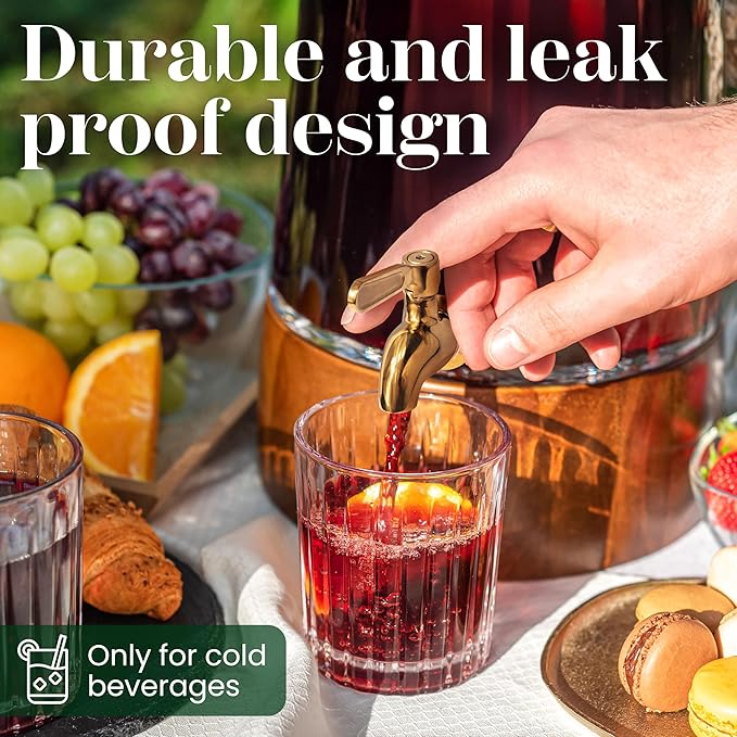 FOODLE Glass Drink Dispenser with Spigot - Glass Beverage Dispenser with Stand - Perfect for Parties & Everyday Use - Pitcher for Water, Lemonade, Sangria, Punch & Juice - Leakproof Spout - 1 Gallon