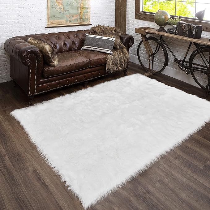 Latepis White Fur Rug 5x6.7, Faux Sheepskin Fluffy Washable Rug for Bedroom and Living Room, Playroom, Luxury Room Decor, Rectangle