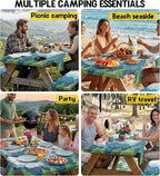 Picnic Table Cover with Bench Covers Waterproof Vinyl Elastic Rectangle Fitted Table Cloth Camping Lovers Essentials Rv Car Travel Overlanding Outdoor Roadtrip Road Trip Men Women Camper Gifts 8 Foot