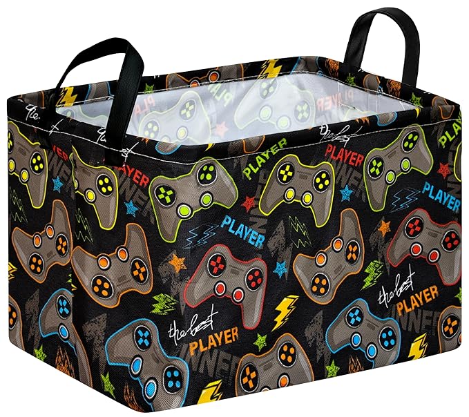 Gamepad Storage Basket, Rectangle Closet Baskets Foldable Organizer Bin with Handles for Bedroom Nursery Home Office Dorm Room
