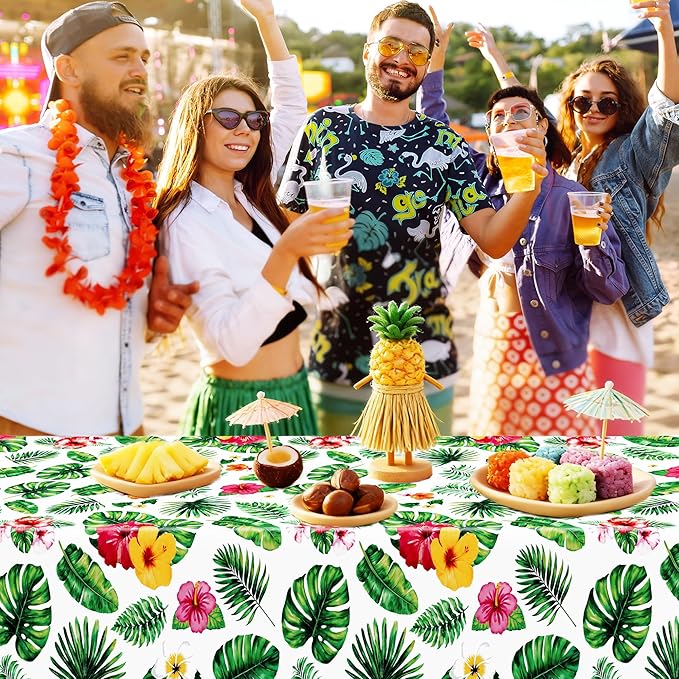 QZYL 4Pcs Luau Party Decorations, 108" X 54" Floral Leaf Tablecloth, Disposable Plastic Luau Party Decorations, Rectangle Tropical Palm Tablecover for Hawaiian Theme Decor Tropical Summer Beach Pool