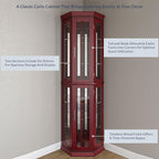 BELLEZE Lighted Wooden Corner Display Curio Cabinet, Two Section Shelving Unit