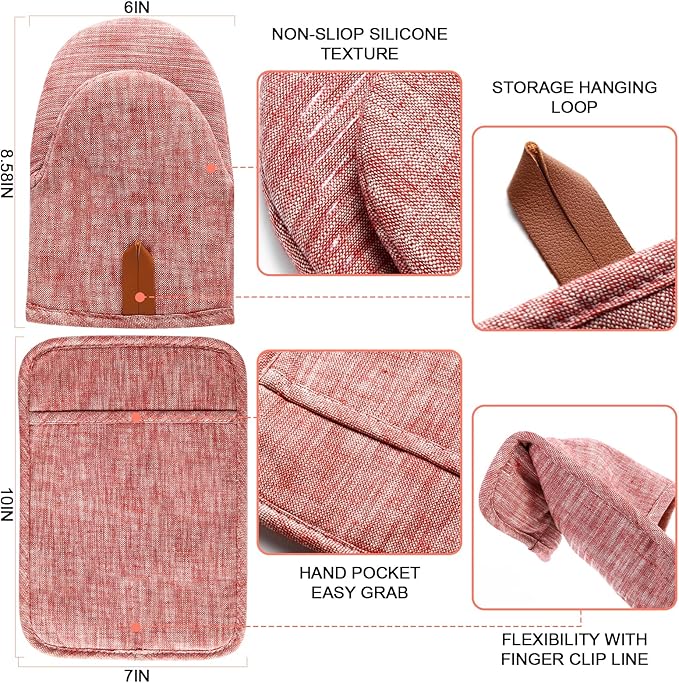 4Pcs Heat Resistant Oven Mitts & Potholders (Up to 500°F), Flexible Kitchen Accessories for BBQ, Baking, Microwave, Stovetop Use and More (Pink)