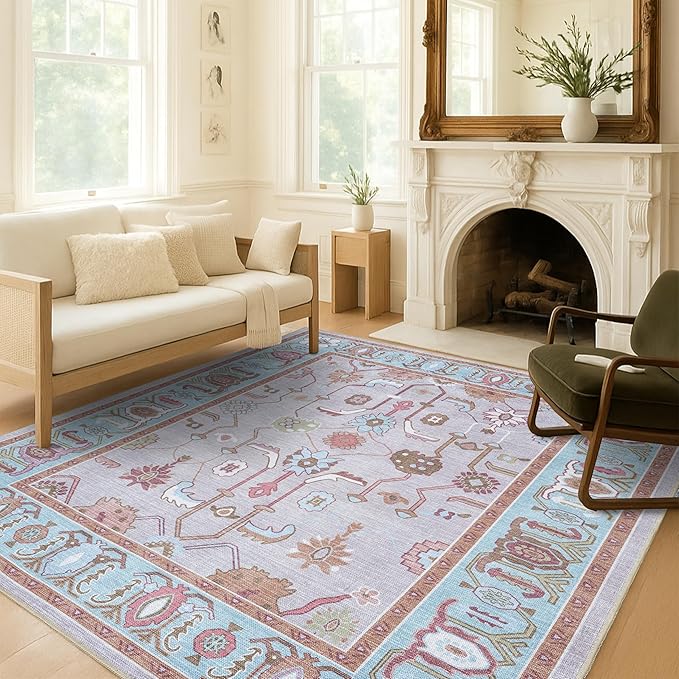 Fame Living Pink Oushak Rug, Modern Rugs, Vintage, Turkish, Eclectic, Floral, Pastel, Washable, Small Throw, Accent Area Rug for Living Room, Bedroom, Kitchen, Bathroom, 2'5"x4'9