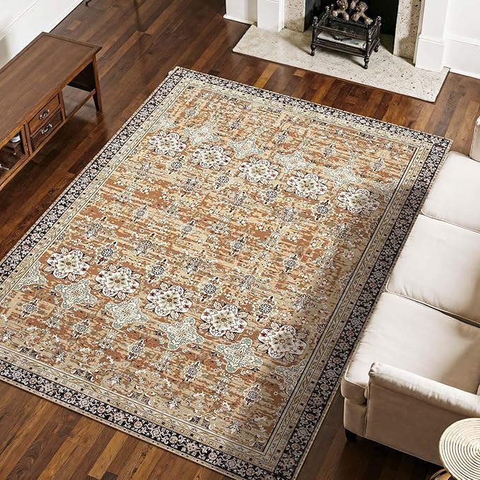 VEVOR 7.5 x 9.5 ft Area Rug Large Washable Rug Non-Slip and Tear-Resistant Soft Carpet Pet & Child Friendly Vintage Area Rugs Indoor Mat for Bedroom Living Room Office Entryway Brown Green