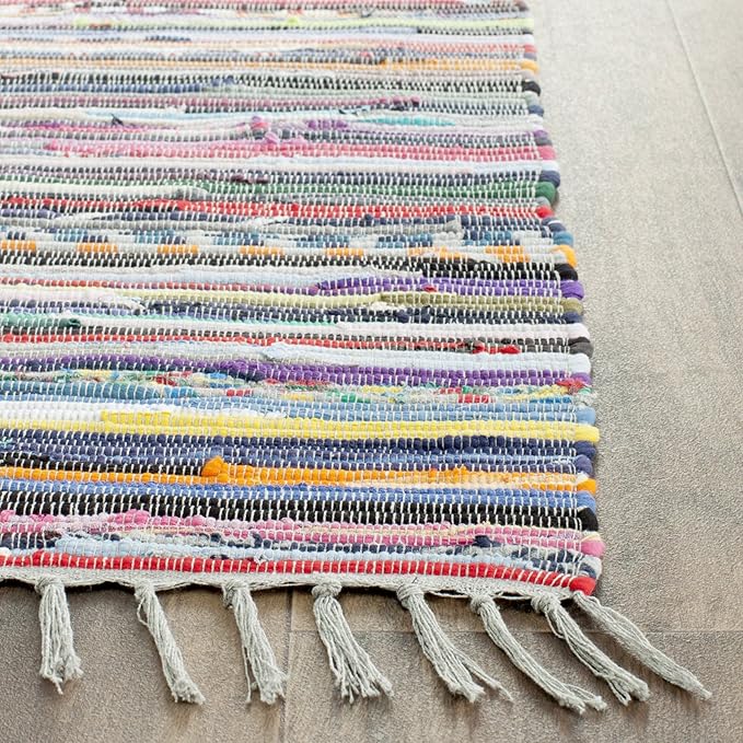 SAFAVIEH Rag Rug Collection Runner Rug - 2'3" x 14', Grey & Multi, Handmade Boho Stripe Cotton, Ideal for High Traffic Areas in Living Room, Bedroom (RAR121M)