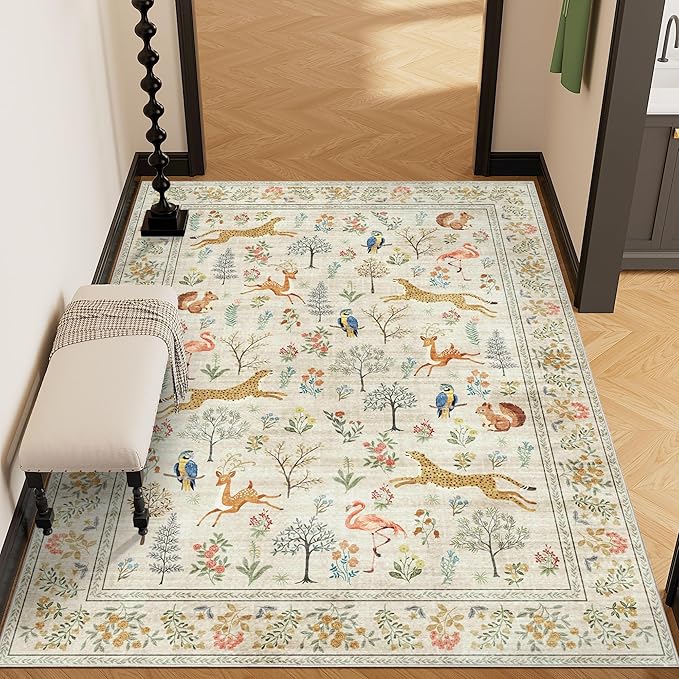 DUKINO 4x6 Rug, Washable Animal Area Rug with Non Slip Vintage Design, Indoor Soft Low Pile Carpet for Bedroom, Nursery, Dining Room, Farmhouse, Playroom, White