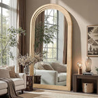 Delma Arched Full Length Floor Mirror with Stand, 75x35 Rustic Farmhouse Solid Wood Frame Wall Mirror for Bedroom, Living Room, Vertical Hanging & Standing(Natural)