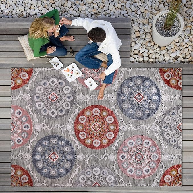 CAMILSON Indoor Outdoor Rug 10x14 Bohemian Medallion Floral Area Rugs for Indoor and Outdoor Patios Easy-Cleaning Non-Shedding Living Room Garden and Kitchen Washable Outside Carpet (10x14-Multicolor)