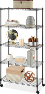 Whitmor 5 Tier Supreme Shelving Unit, Metal Storage Shelves, Adjustable Heavy Duty Shelf with Wheels, 400 lbs Capacity per Shelf, 2000 lbs Total for Pantry, Garage, Kitchen, Black