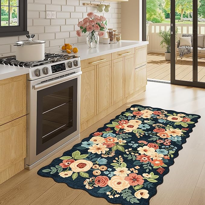 DUKINO 2x4 Washable Runner Rugs, Non Slip Floral Print Entryway Rug with Soft Low Pile, Lightweight Mat for Living Room, Bathroom, Bedroom, Kitchen, Navy Blue