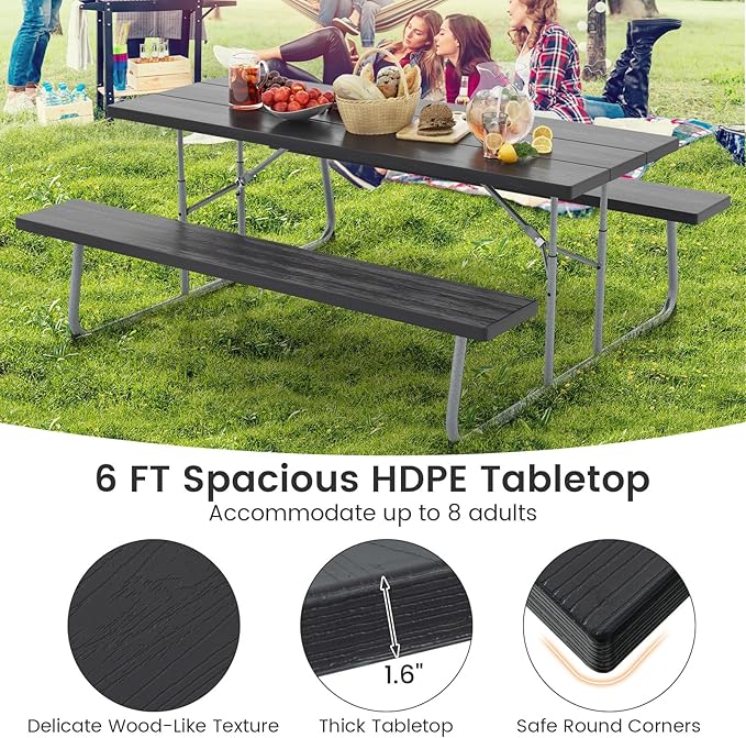 Giantex Folding Picnic Table - 6 FT Outdoor Table Bench Set for 8 Persons w/All-Weather HDPE Tabletop, Metal Leg, Umbrella Hole, Large Outside Dining Table for Patio Garden Yard Poolside (Black)