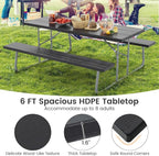 Giantex Folding Picnic Table - 6 FT Outdoor Table Bench Set for 8 Persons w/All-Weather HDPE Tabletop, Metal Leg, Umbrella Hole, Large Outside Dining Table for Patio Garden Yard Poolside (Black)