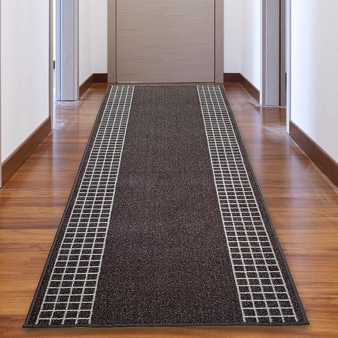 Custom Made Runner Rug for Kitchen Foyer Hallway Entry Choose Your Length 31 Inch Wide Geometric Checkered Design Brown Color (23 feet x 31 Inch)