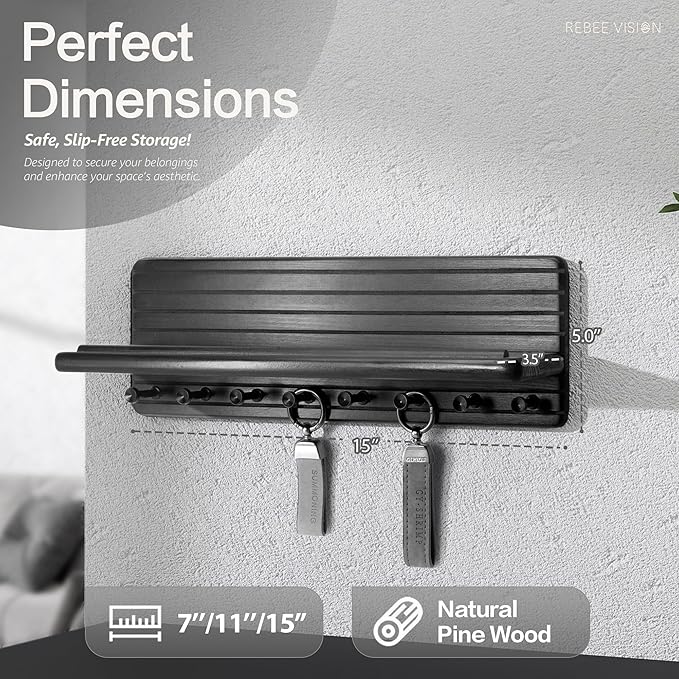 Rebee Vision Farmhouse Key Holder Wall Mount for Room Decor – Modern Key Rack for Wall with 8 Sturdy Hooks & Floating Shelf - House Organization Solution for Aesthetic Spaces(Black)