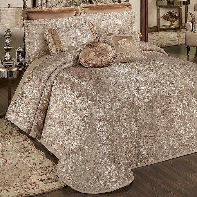 Touch of Class Camelot Luxury Bedding | Neutral Almond | Matte Satin Damask on Richly Textured Jacquard-Woven Chenille | Designed 3 Piece Set Includes Queen Quilted Bedspread & 2 Standard Shams