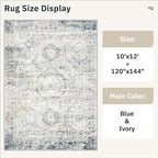 Soalmost Area Rug 10x12 Vintage Washable Living Room Large Carpet Non Slip Bedroom Indoor Office Dining Room Low Pile Thin Rug Blue Ivory