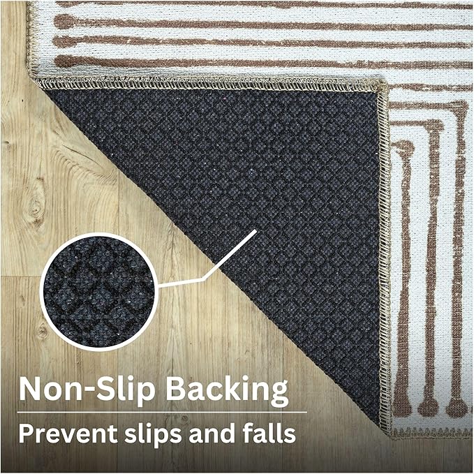 Bloom Rugs Washable Non-Slip 7 ft Runner - Brown Striped Runner for Entryway, Hallway, Bathroom, and Kitchen - Exact Size: 2.5' x 7'