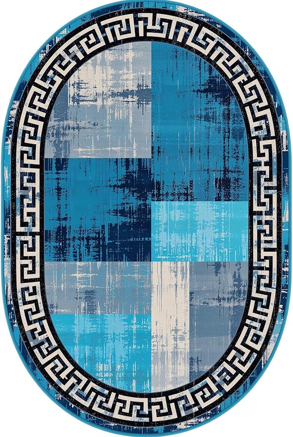 Blue Grey Black Greek Key Pattern Bordered Design Large Carpet for Living Room Bedroom Dining Room Soft Non Slip Low Pile Area Rug 10x14 Farmhouse Doormats Vintage Distressed Home Office Oval Rugs