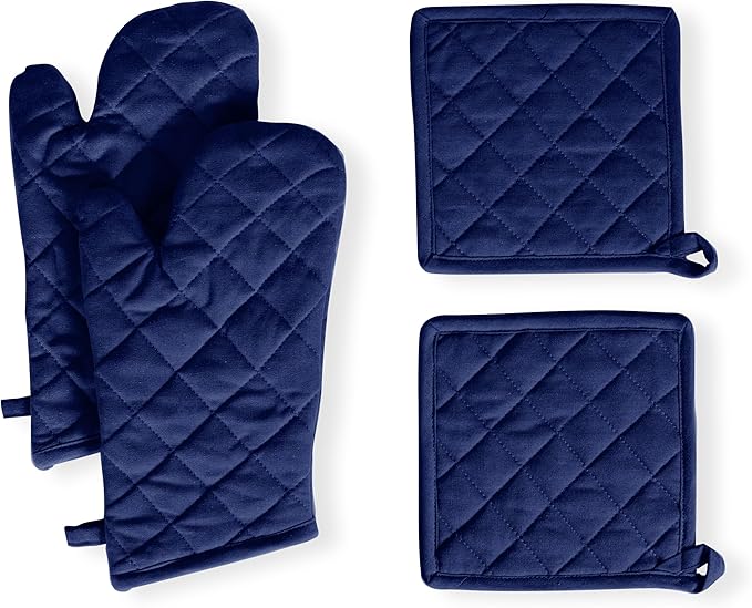 Native Fab 4 Piece Set - 2 Oven Mitts & 2 Potholders, Heat Resistant, 100% Cotton, Quilted Design, Non-Slip Grip, Machine Washable, Ideal for Baking, Cooking, BBQ, Kitchen Protection - Ink Blue