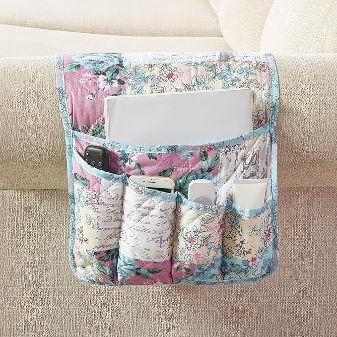 Brilliant Sunshine Lilac Rose Couch Sofa Armrest 5 Pockets Organizer, Slip Resistant Recliner Armchair Caddy, Washable Remote Controls Holder, Storage for Magazine, Tablet, Phone, 35×13", Egg Blue