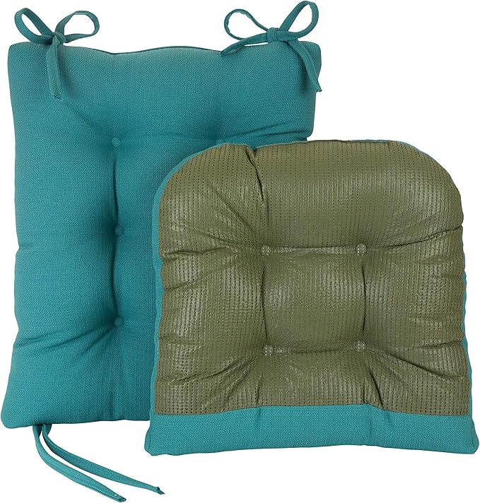 Klear Vu Omega Non-Slip Rocking Chair Cushion Set, Assembled in USA, Thick Padding & Tufted Design, Includes Seat Pad & Back Pillow with Ties, 17x17 Inches, 2-Piece Set, Solid Teal