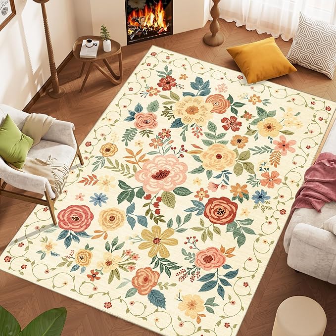 DUKINO 9x12 Area Rug, Floral Rugs for Living Room, Lightweight Non Slip Washable Rug, Indoor Low Pile & Non-Shedding Boho Design Rugs for Bedroom, Living Room, Dining Room, Beige Yellow