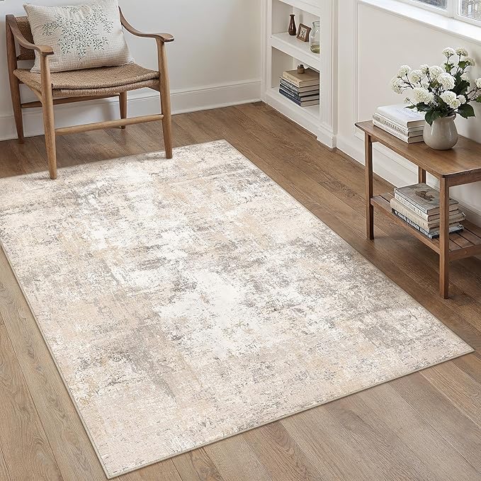 3x4 Washable Area Rug Beige Grey Abstract Entryway Office Throw Rug Neutral Modern Non Slip Soft Low Pile Small Carpet for Kitchen Living Room Bedroom Entrance