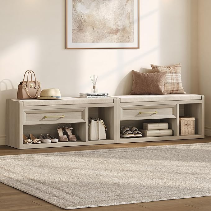 SICOTAS Shoe Benches with Storage Set of 2, Farmhouse 86.6" Extra Wide Entryway Benches with Cushion, Drawer & Tall Boot Shelf, 18.9" Comfort Height Seat for Hallway Bedroom Mudroom, Grey White Oak