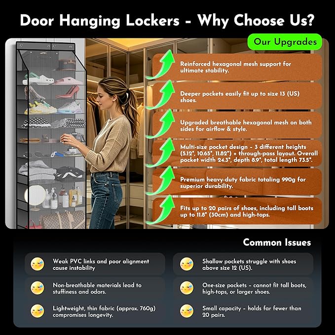 PAULONE Over the Door Organizer Heavy Duty – 96 Lbs Capacity 20 Pair Shoe Rack with Multi-Size Pockets Fits Tall Boots up to 11.8", Breathable Mesh, Metal Hooks – Also for Bags, Toys, Toiletries