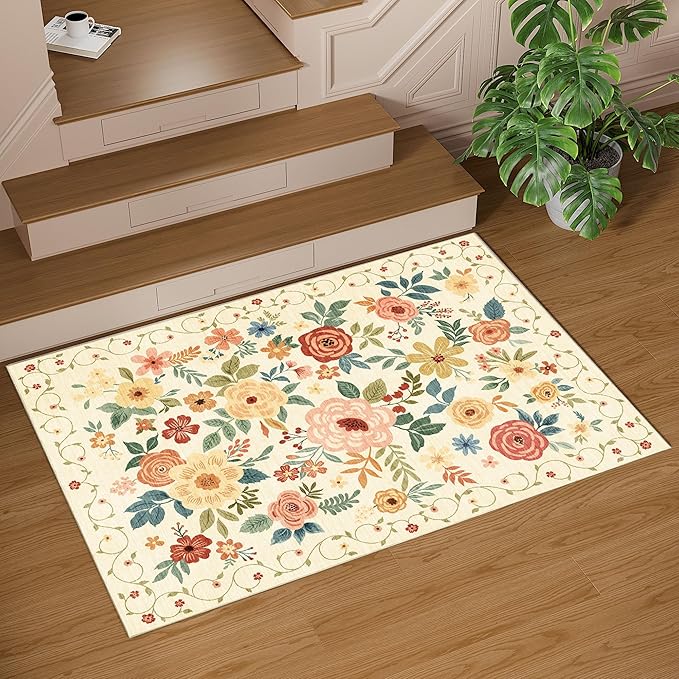 DUKINO 2x3 Rugs for Entryway, Floral Indoor Washable Door Mat, Non Slip Boho Small Rug for Kitchen, Soft Low Pile Front Door Throw Rug for Entrance, Bedroom, Kitchen, Laundry, Bathroom, Beige Yellow