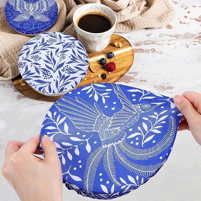 5 Pieces Bowl Covers Reusable, 5 Size Elastic Cloth Bowl Covers for Bread Proofing Stretch Food Covers Washable for Food Fruits Leftover (Batik Bird)