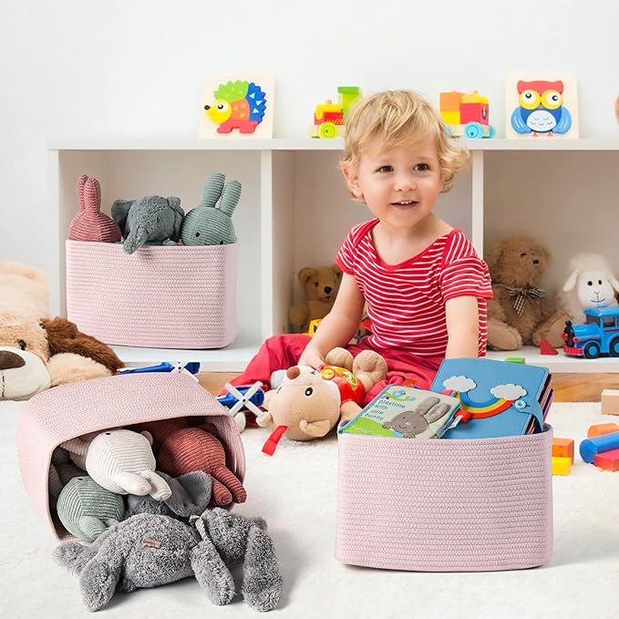 Cotton Rope storage Basket Bins Woven Basket for Organizing Shelves 15X10X9.3" Rectangle Decorative Baskets For storage Clothes Toys Books Towels Nursery basket organizer 3 pack light pink