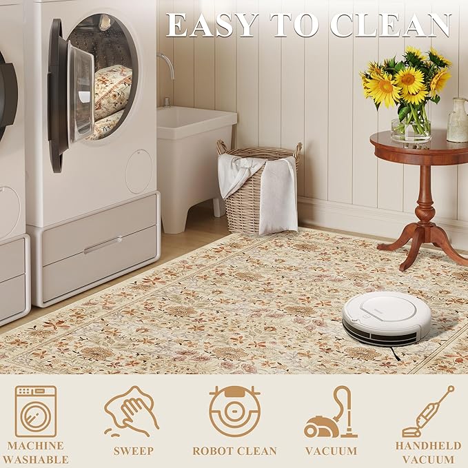 DUKINO 5x7 Area Rugs, Floral Washable Rugs for Bedroom with Non Slip Backing, Vintage Low Pile Indoor Floor Carpets for Bedroom, Living Room, Farmhouse, Home Office, Dining Room, Beige