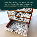 Vintage Desk Organizer with 4 Black & White Floral Drawers - Wooden Storage Shelf Drawer for Tabletop - Wood Desktop Organizing Box Cabinet - Black & White Monochrome Botanical Toile de Jouy